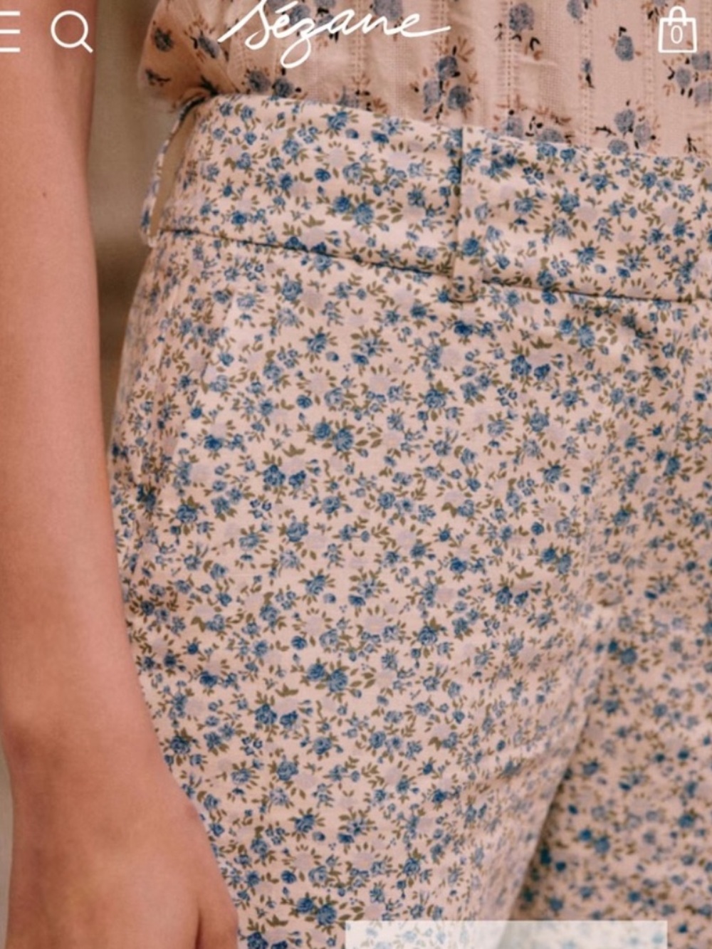 Sezane Blue Floral High-Waist Trousers on Cream